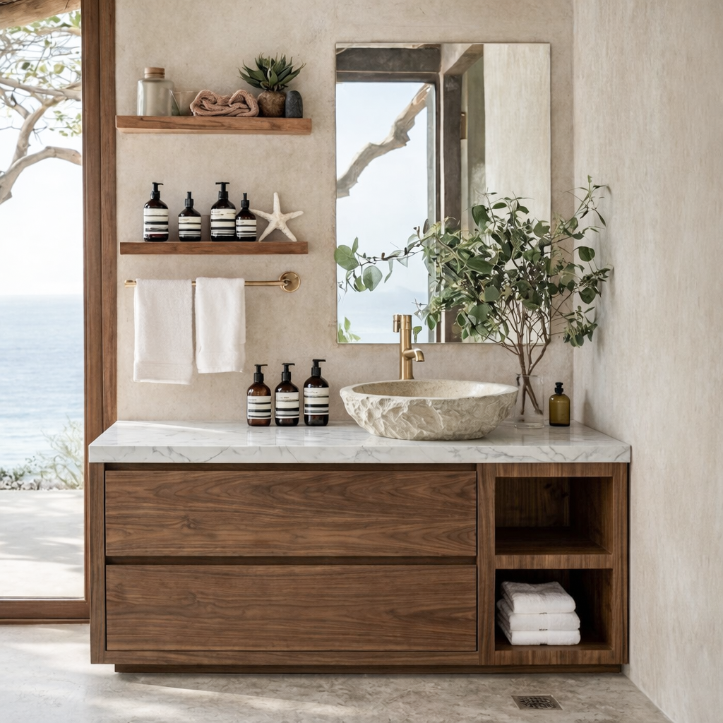 ShanaWood Bathroom Vanity with Marble Top and Open Side Shelf - view 1