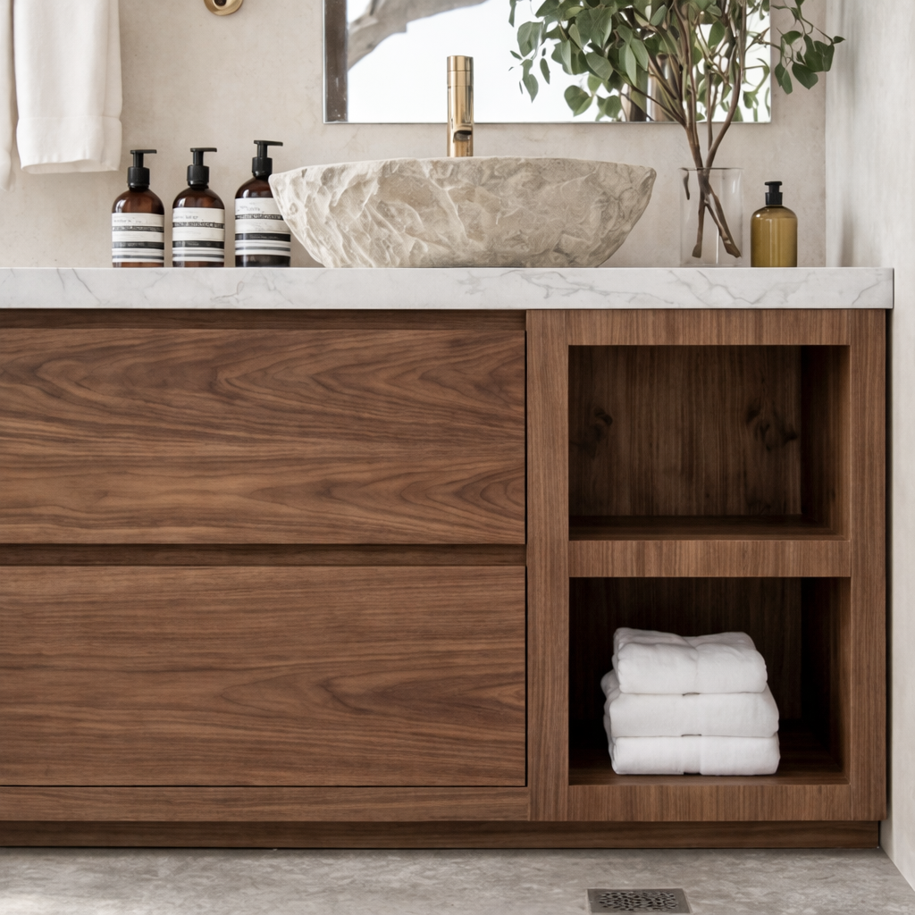 ShanaWood Bathroom Vanity with Marble Top and Open Side Shelf - view 2