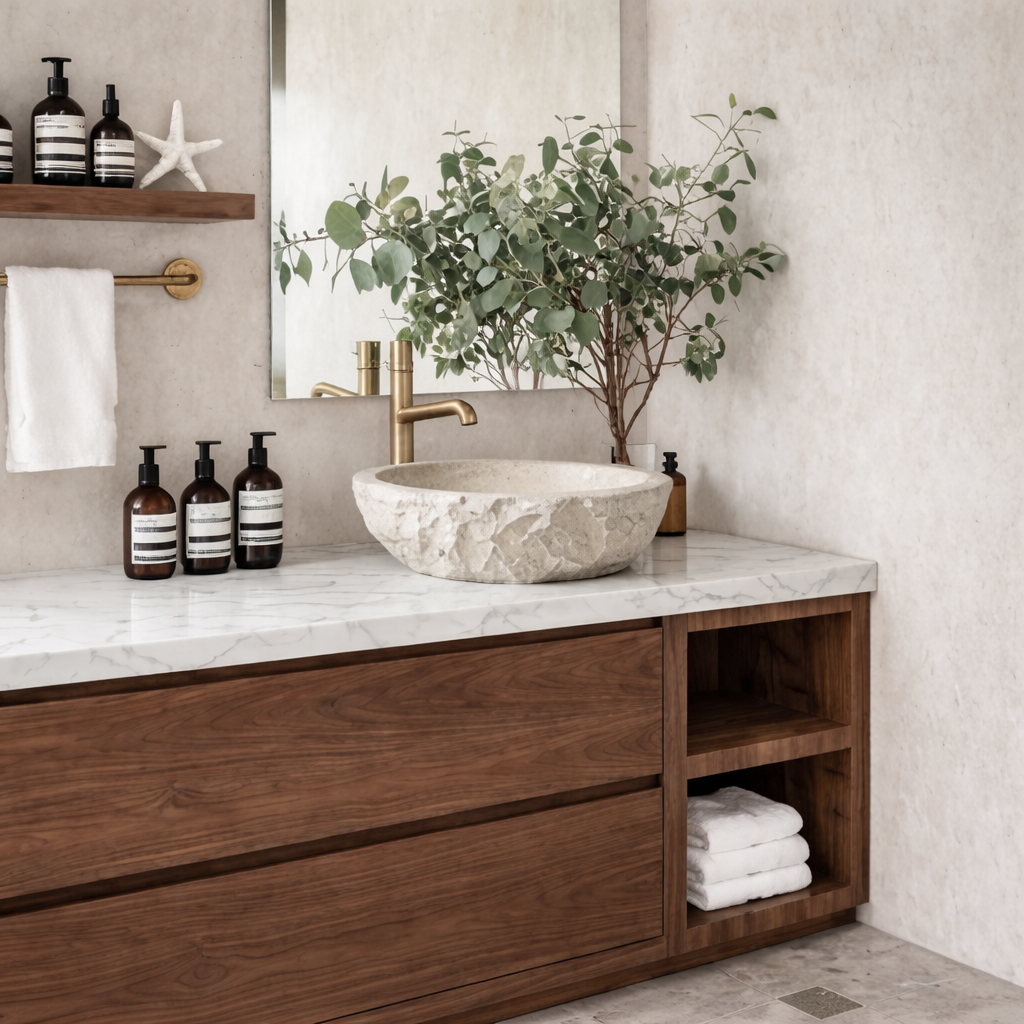 ShanaWood Bathroom Vanity with Marble Top and Open Side Shelf - view 3