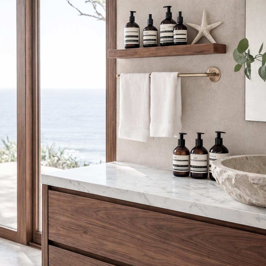 ShanaWood Bathroom Vanity with Marble Top and Open Side Shelf - view 4