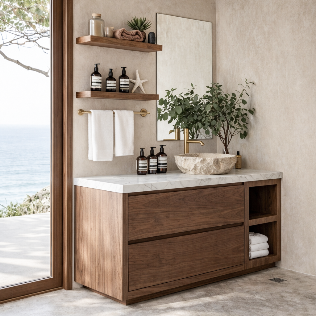ShanaWood Bathroom Vanity with Marble Top and Open Side Shelf - view 5