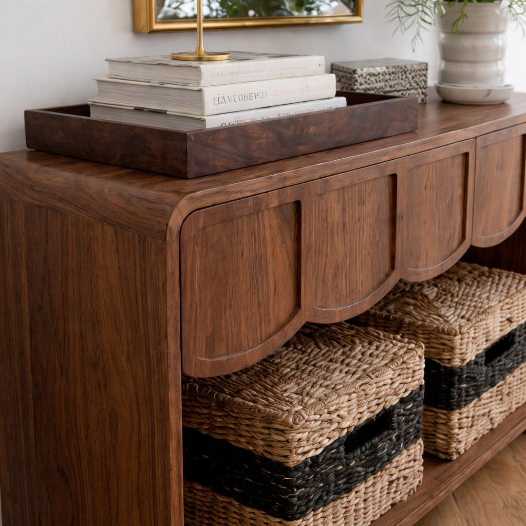 ShanaWood Console Table with Scalloped Drawer Fronts and Bottom Shelf - view 2