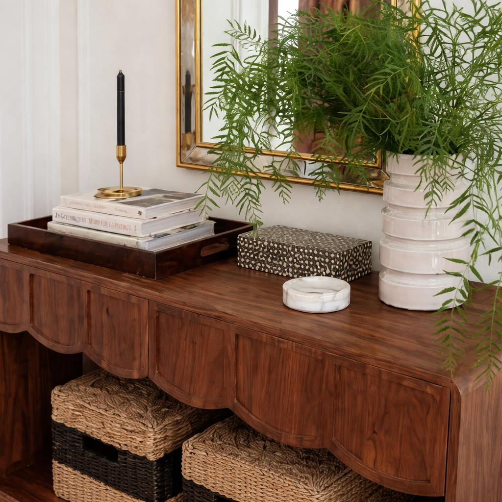 ShanaWood Console Table with Scalloped Drawer Fronts and Bottom Shelf - view 3