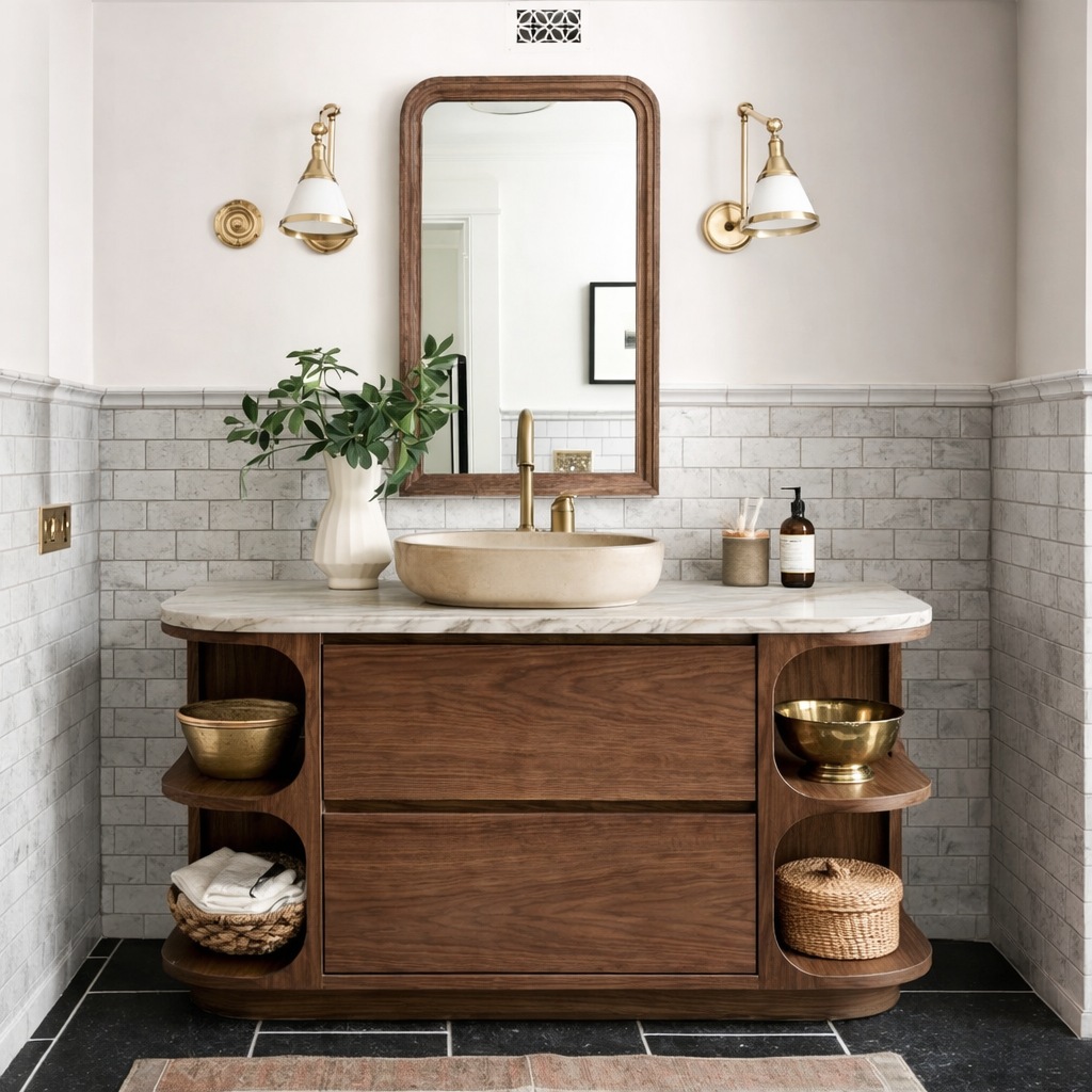 ShanaWood Curved Bathroom Vanity with Marble Top and Side Shelves - view 1