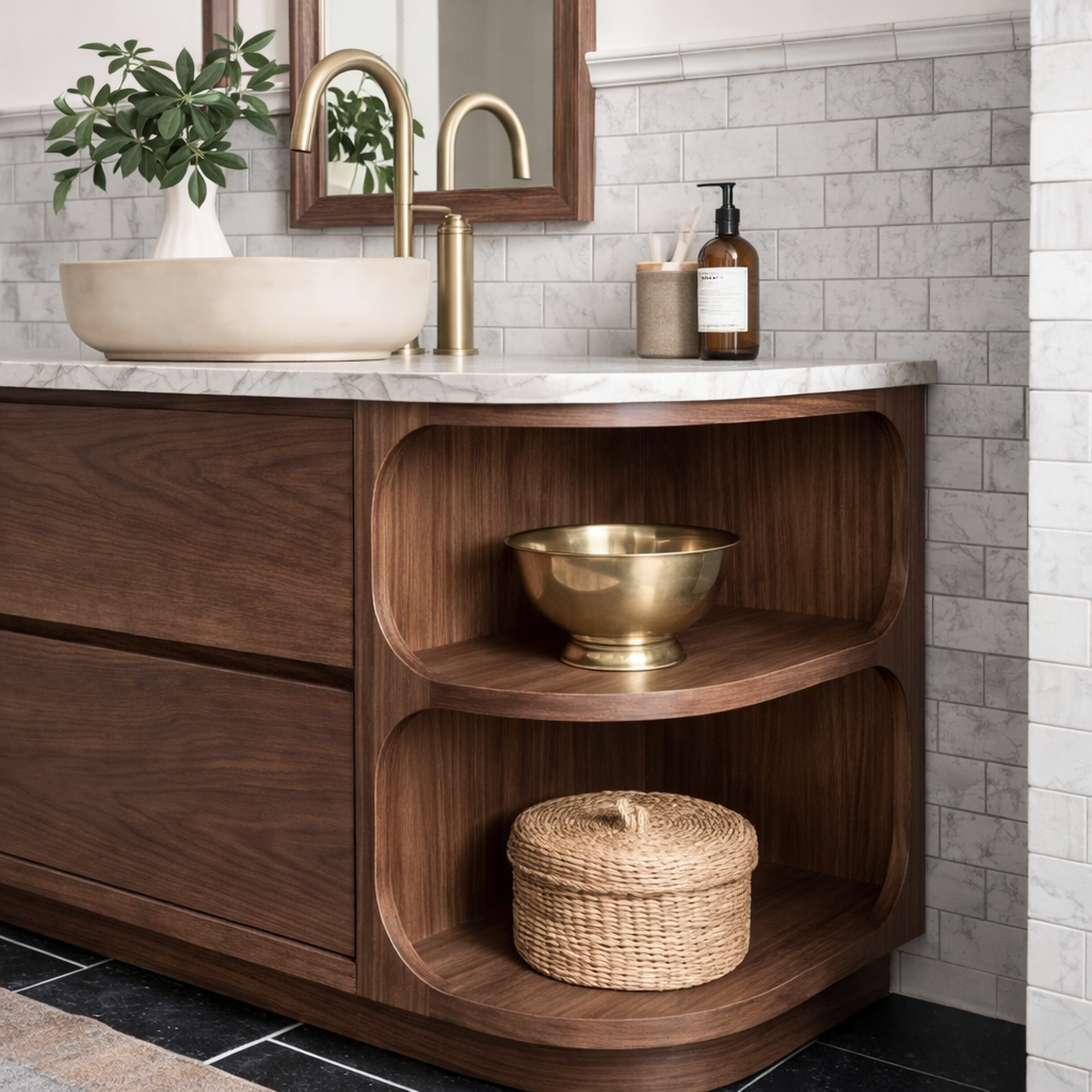 ShanaWood Curved Bathroom Vanity with Marble Top and Side Shelves - view 2