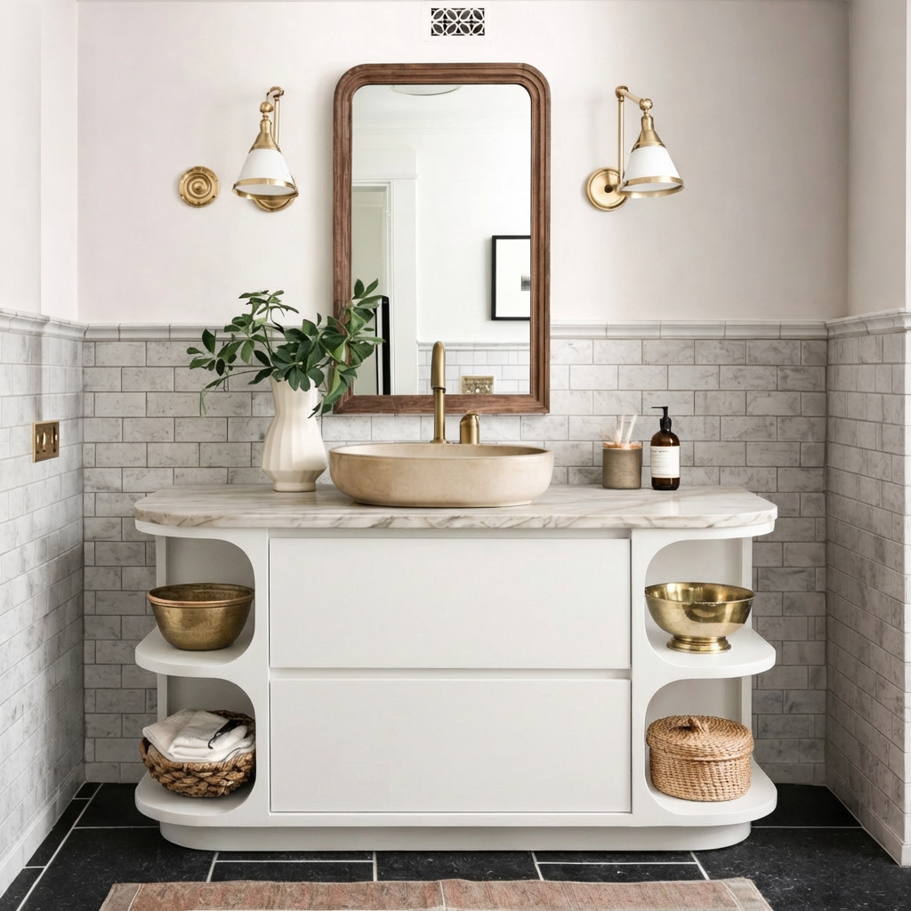 ShanaWood Curved Bathroom Vanity with Marble Top and Side Shelves - view 8