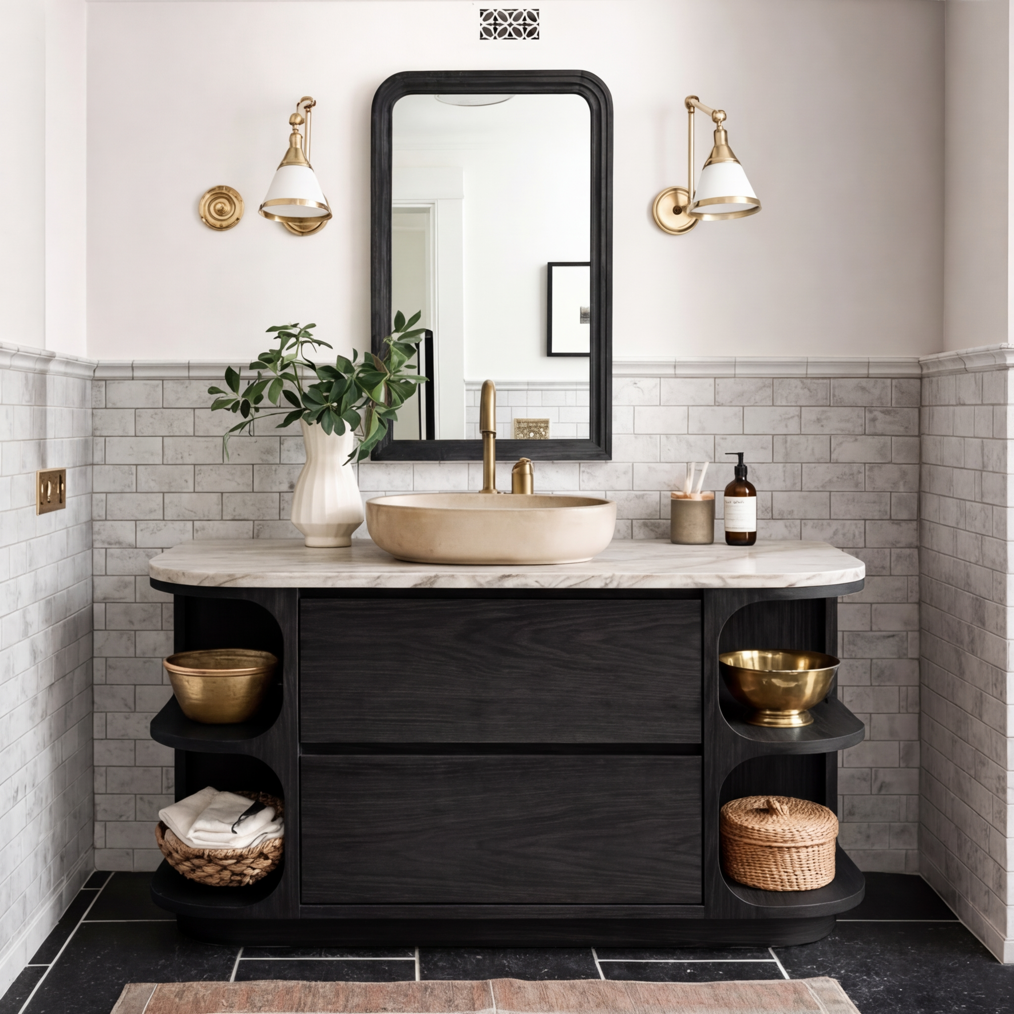 ShanaWood Curved Bathroom Vanity with Marble Top and Side Shelves - view 9