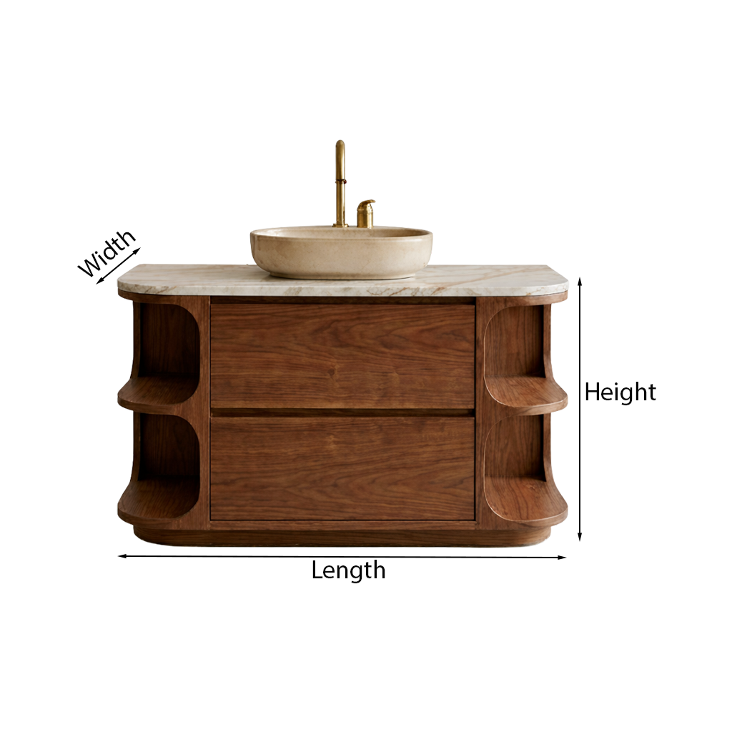 ShanaWood Curved Bathroom Vanity with Marble Top and Side Shelves - dimensions