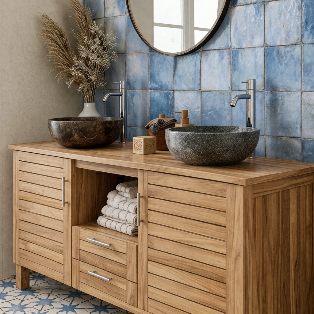ShanaWood Double Sink Vanity with Slatted Doors and Wood Top - view 5