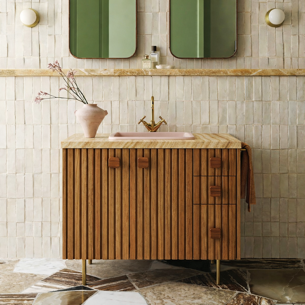 ShanaWood Fluted Bathroom Vanity with Travertine Top and Cabinet Storage - view 1
