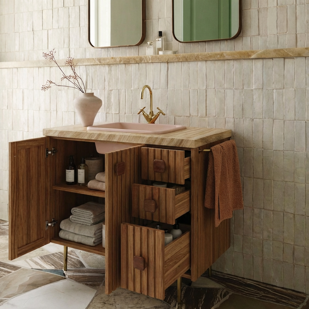 ShanaWood Fluted Bathroom Vanity with Travertine Top and Cabinet Storage - view 3