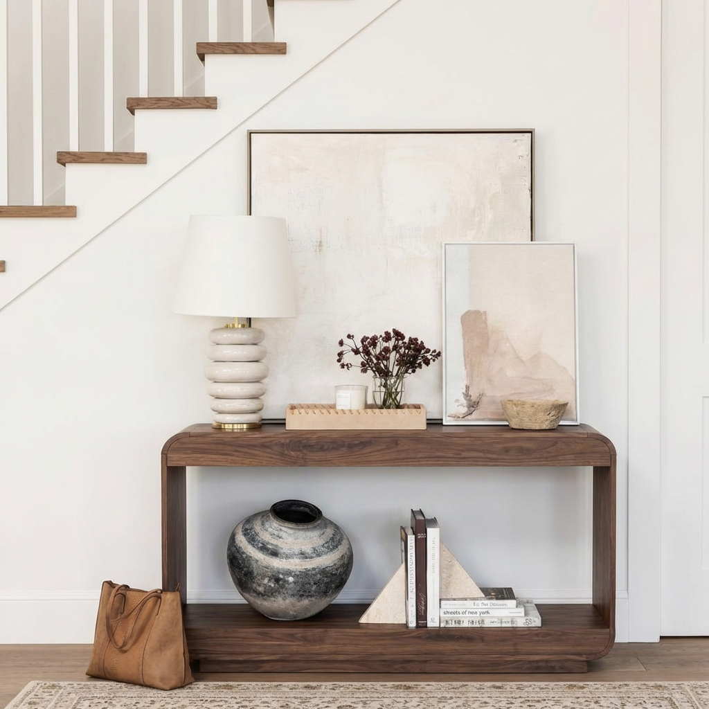 ShanaWood Rounded Corner Console Table with Bottom Shelf - view 1