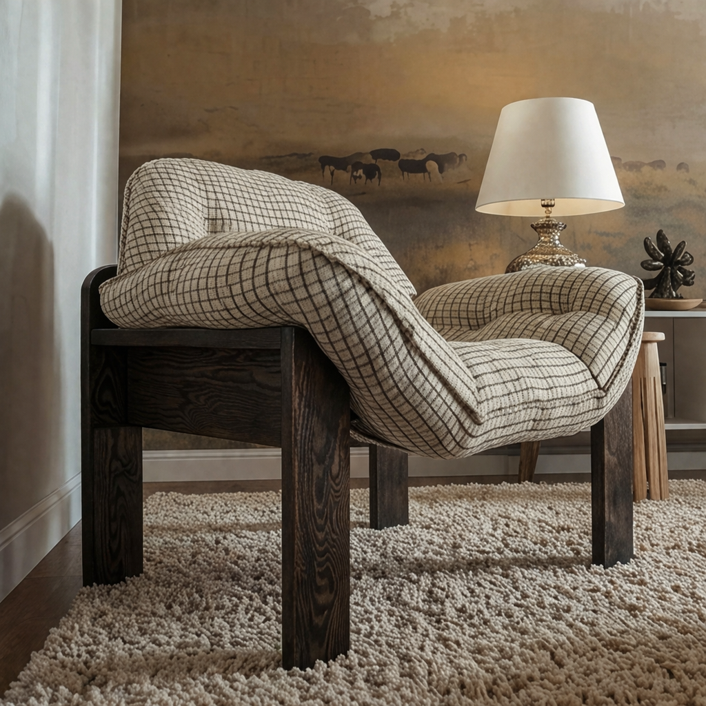 ShanaWood Tufted Plaid Accent Chair with Wood Frame - view 3