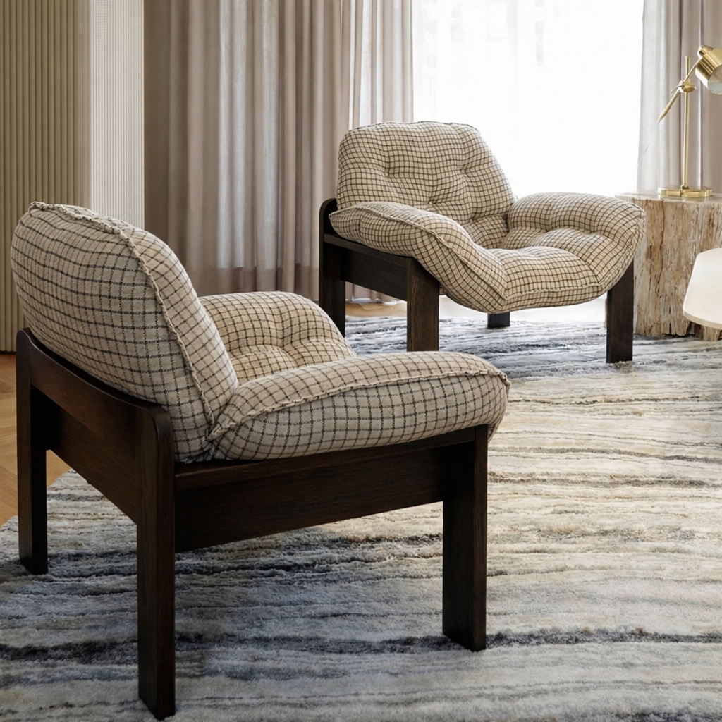 ShanaWood Tufted Plaid Accent Chair with Wood Frame - view 4