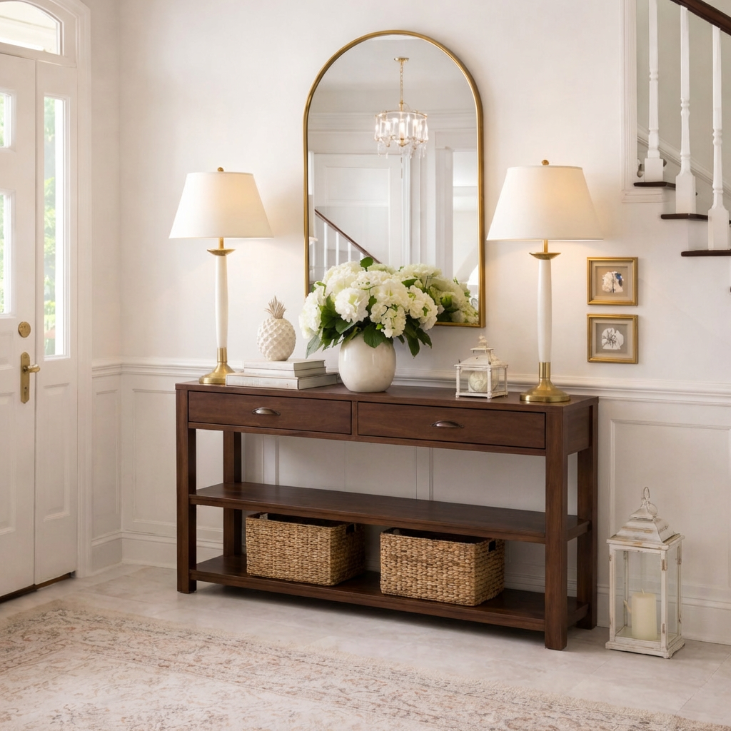 ShanaWood Wood Console Table with Drawers and Open Shelf - view 4