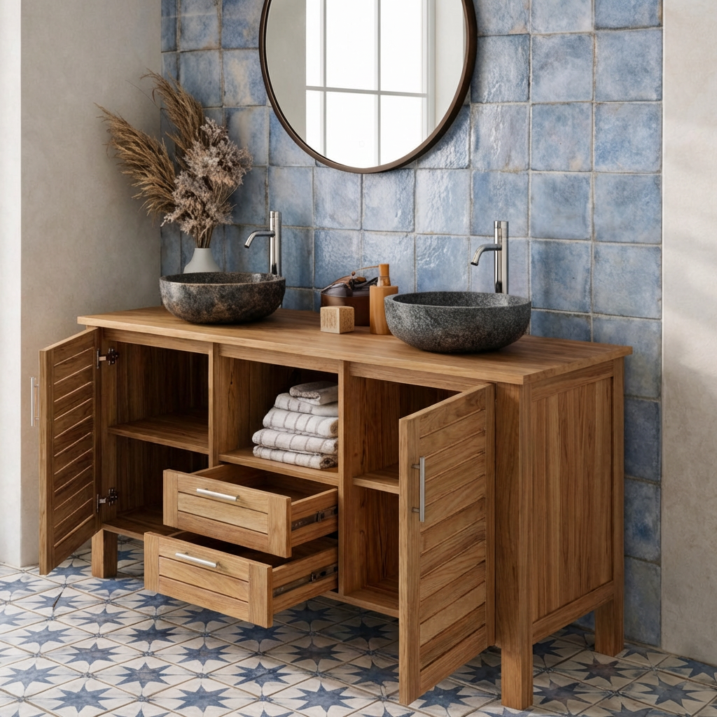 Farmhouse Natural Wood Bathroom Vanity With Slatted Cabinet Doors For Bathroom