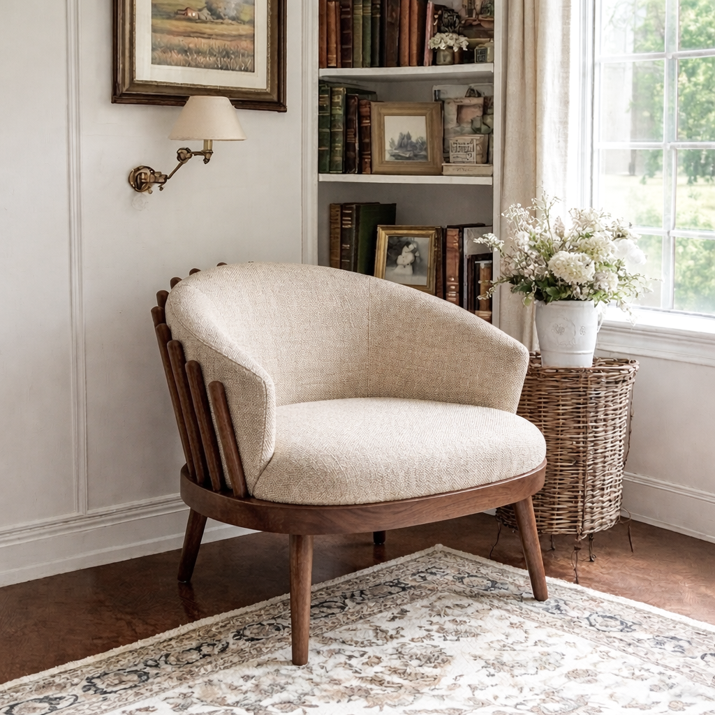 Mid-Century Natural Wood Accent Chair With Upholstered Seat For Living Room
