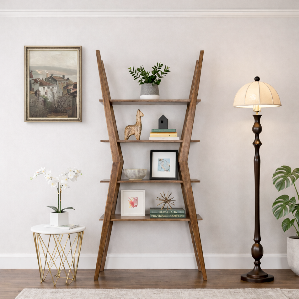 Mid-Century Natural Wood Bookcase With Open Tier Storage For Living Room