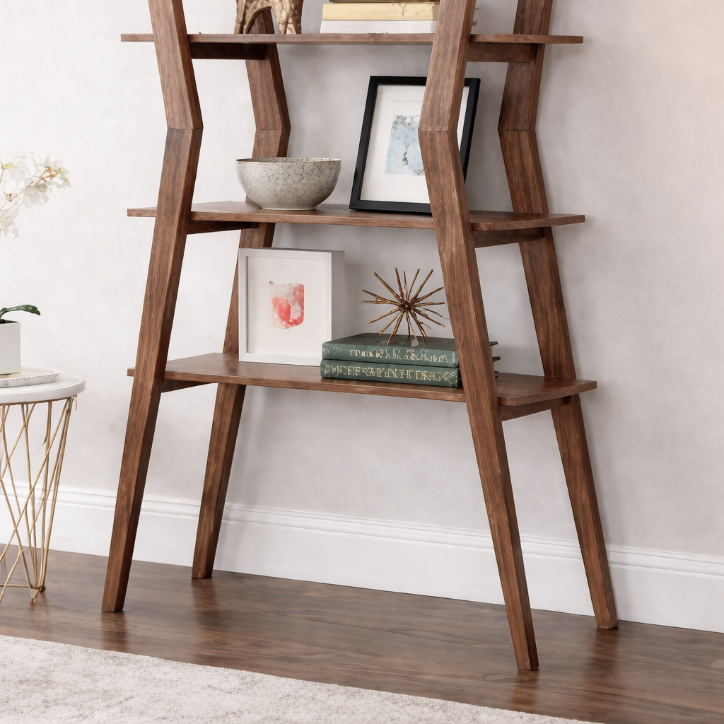 Mid-Century Natural Wood Bookcase With Open Tier Storage For Living Room