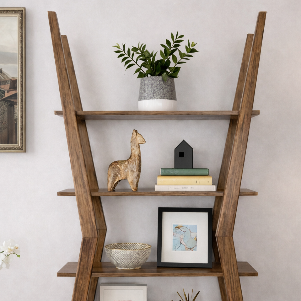 Mid-Century Natural Wood Bookcase With Open Tier Storage For Living Room