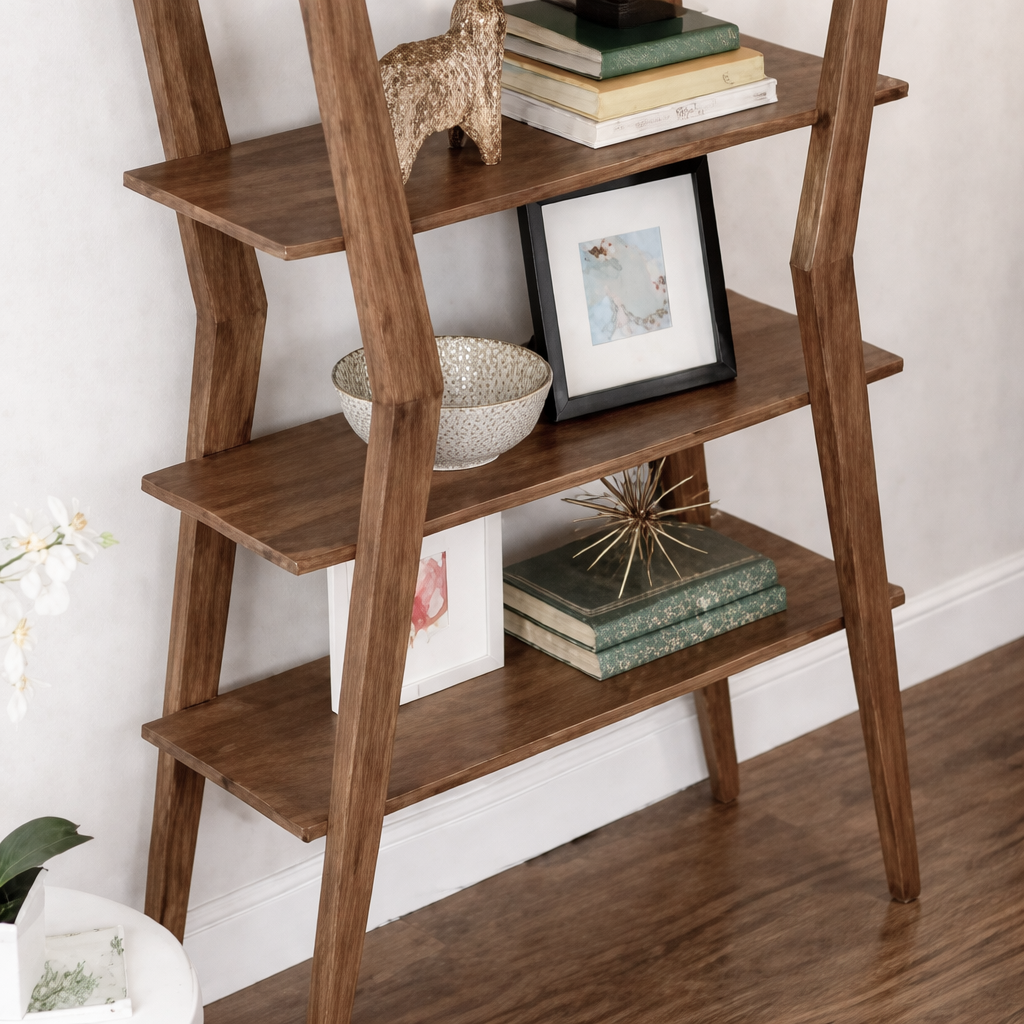 Mid-Century Natural Wood Bookcase With Open Tier Storage For Living Room