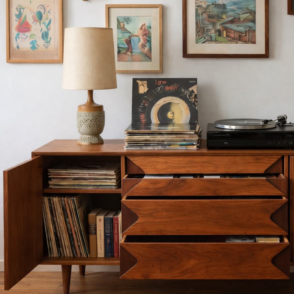 Mid-Century Natural Wood Cabinet With Decorative Drawer Fronts For Living Room