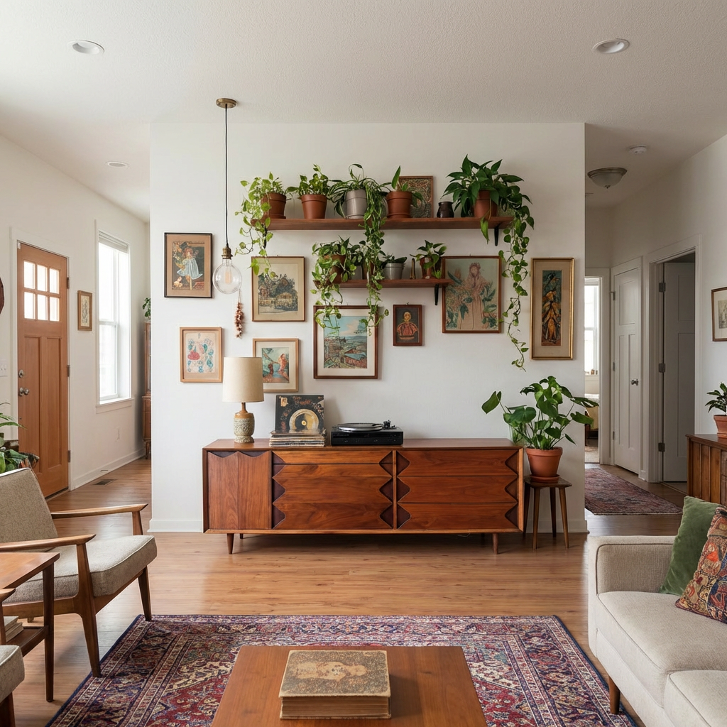 Mid-Century Natural Wood Cabinet With Decorative Drawer Fronts For Living Room