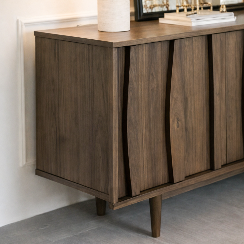 Mid-Century Natural Wood Cabinet With Sculpted Front Detail For Living Room