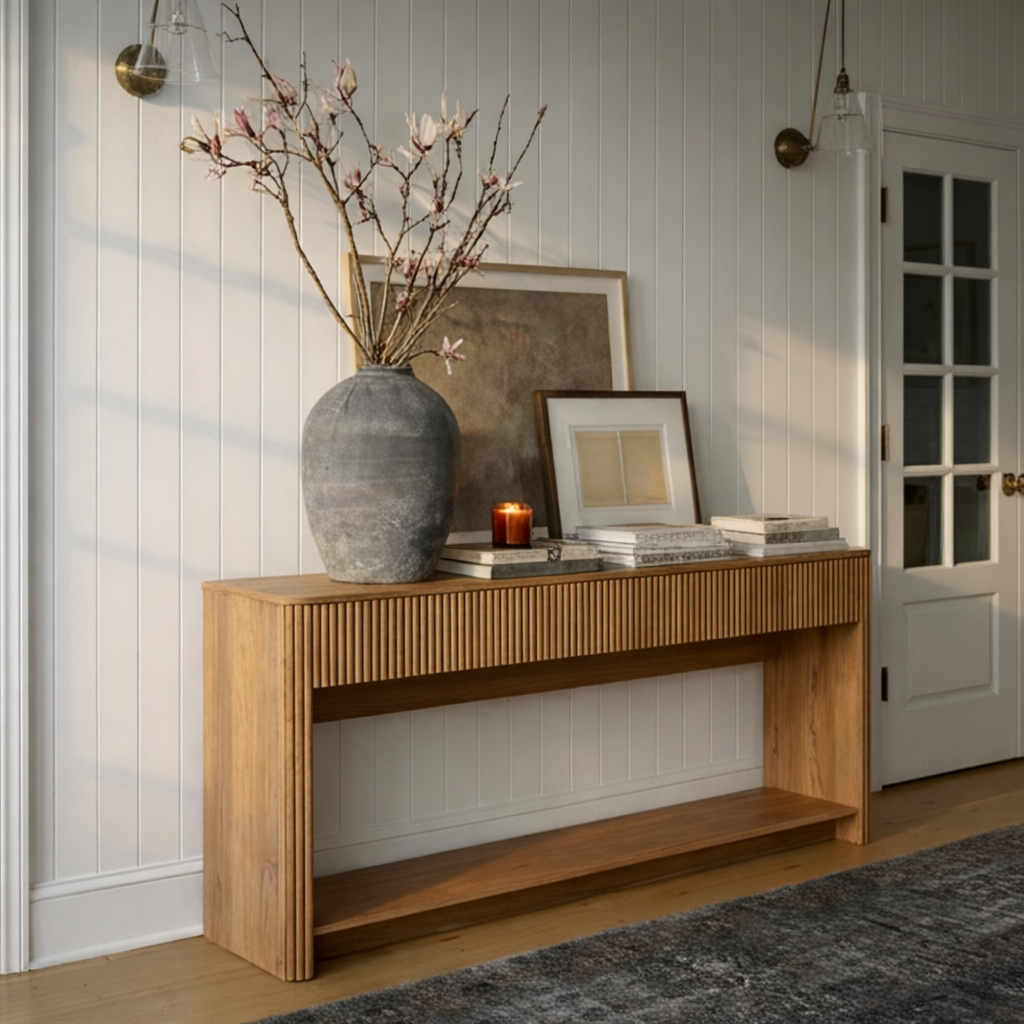 Mid-Century Natural Wood Console Table With Drawers And Lower Shelf For Living Room