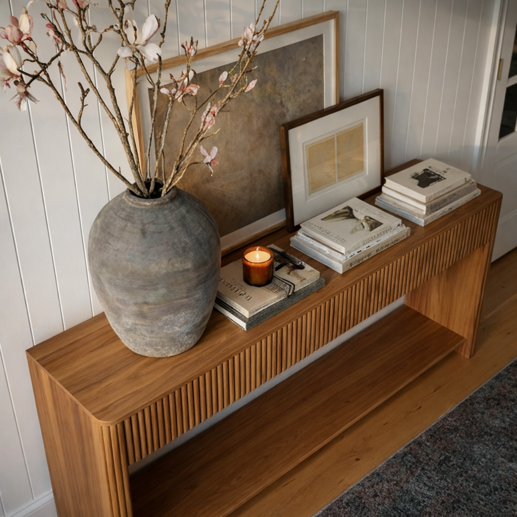 Mid-Century Natural Wood Console Table With Drawers And Lower Shelf For Living Room