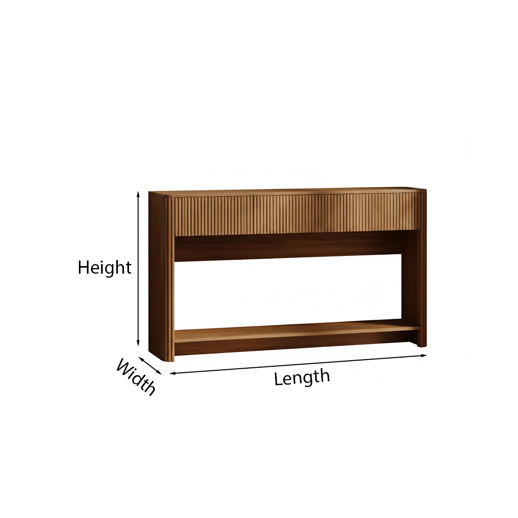 Mid-Century Natural Wood Console Table With Drawers And Lower Shelf For Living Room
