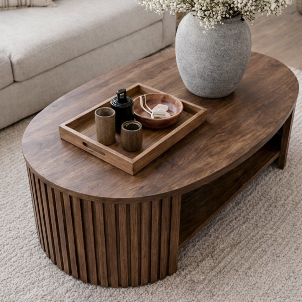 Mid-Century Natural Wood Oval Coffee Table With Fluted Base And Open Shelf For Living Room