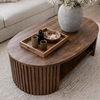 Mid-Century Natural Wood Oval Coffee Table With Fluted Base And Open Shelf For Living Room