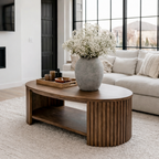 Mid-Century Natural Wood Oval Coffee Table With Fluted Base And Open Shelf For Living Room