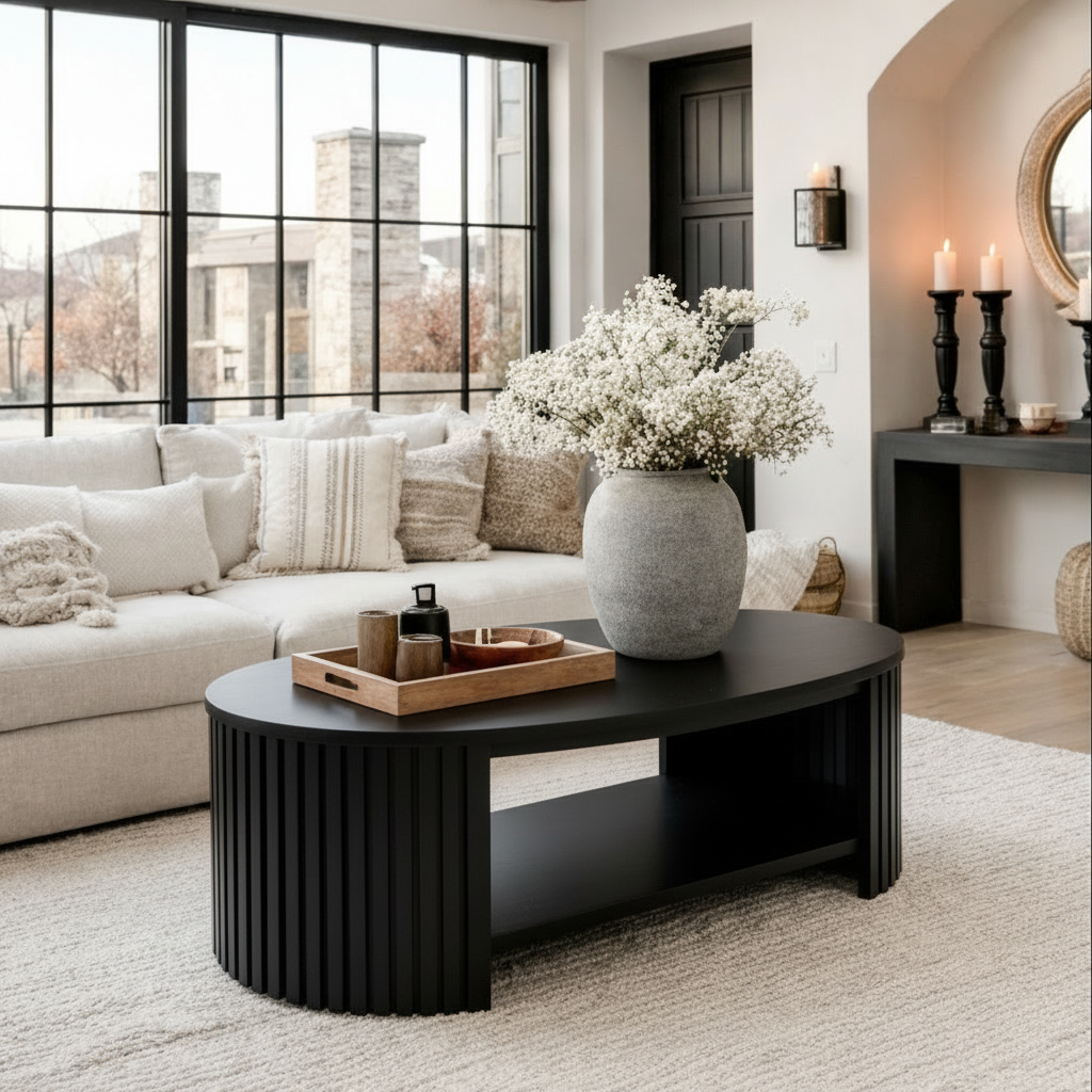 Mid-Century Natural Wood Oval Coffee Table With Fluted Base And Open Shelf For Living Room