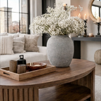 Mid-Century Natural Wood Oval Coffee Table With Fluted Base And Open Shelf For Living Room