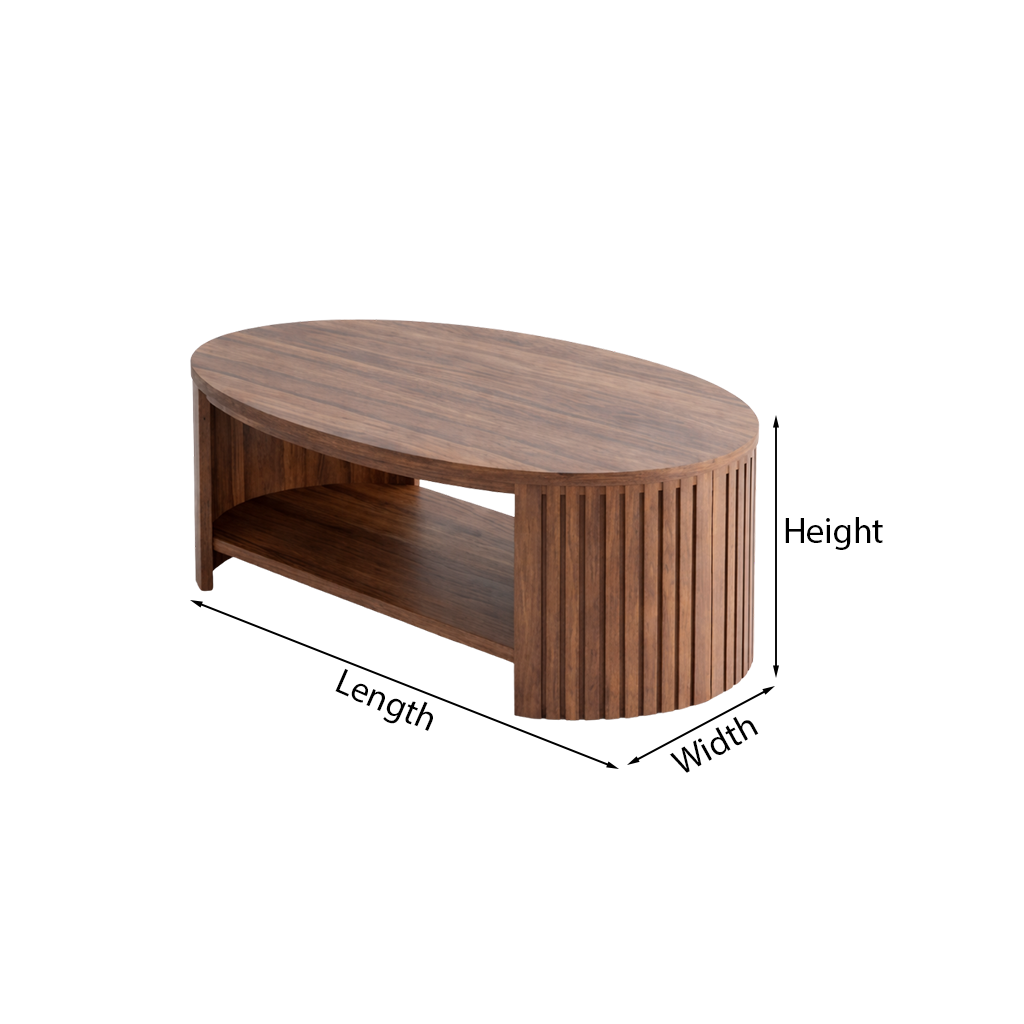 Mid-Century Natural Wood Oval Coffee Table With Fluted Base And Open Shelf For Living Room