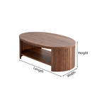 Mid-Century Natural Wood Oval Coffee Table With Fluted Base And Open Shelf For Living Room