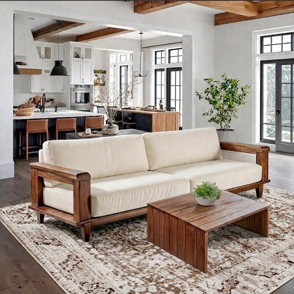 Mid-Century Natural Wood Sofa With Upholstered Cushions For Living Room