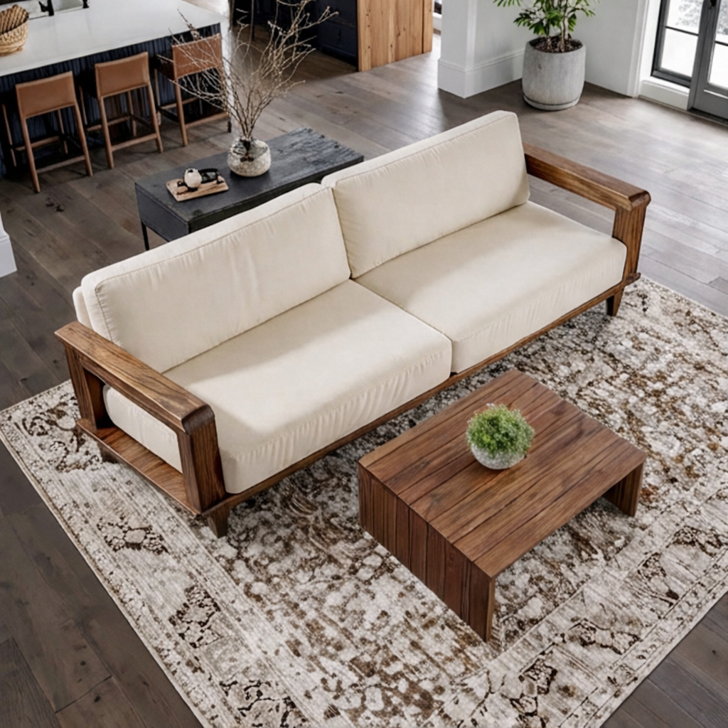 Mid-Century Natural Wood Sofa With Upholstered Cushions For Living Room