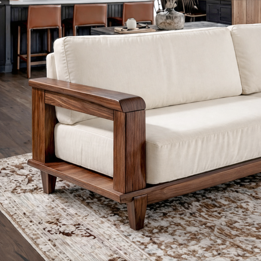 Mid-Century Natural Wood Sofa With Upholstered Cushions For Living Room