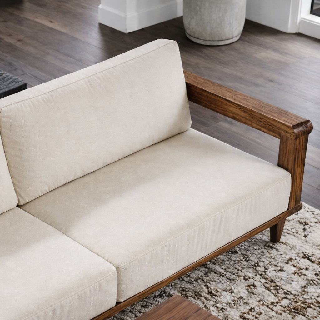 Mid-Century Natural Wood Sofa With Upholstered Cushions For Living Room