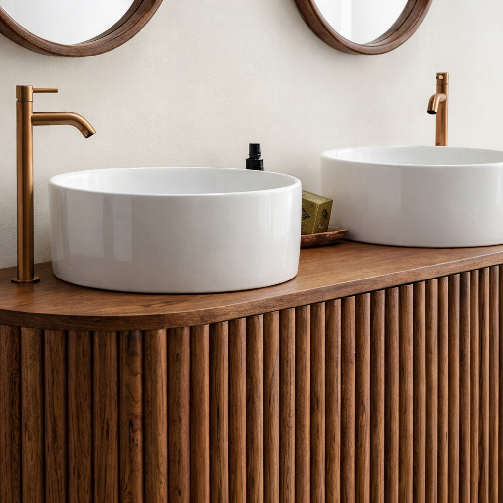 Mid-Century Wooden Bathroom Vanity With Fluted Front For Bathroom