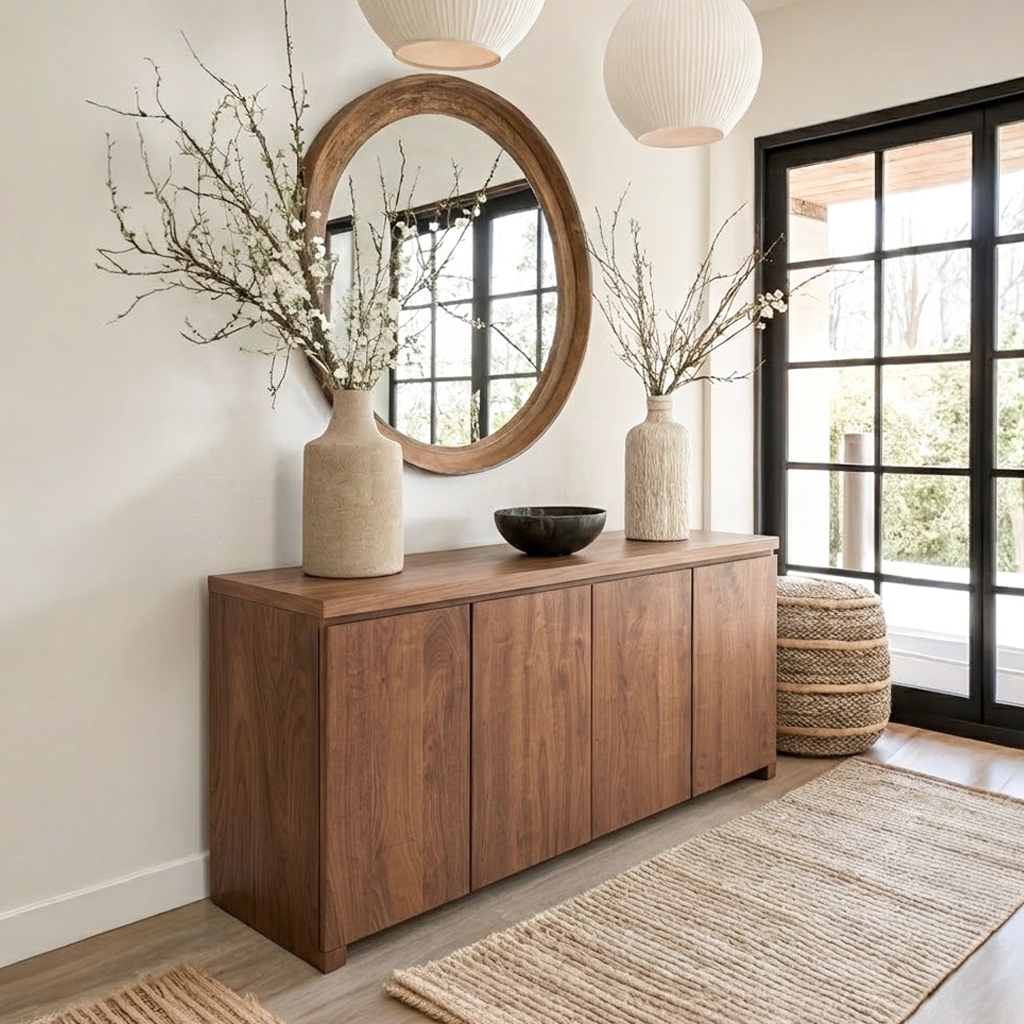 Modern Natural Wood Cabinet With Clean Front Design For Living Room