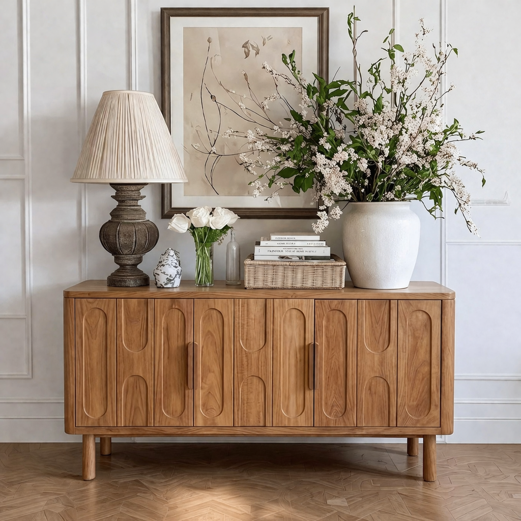 Modern Natural Wood Cabinet With Oval Detail Front For Living Room