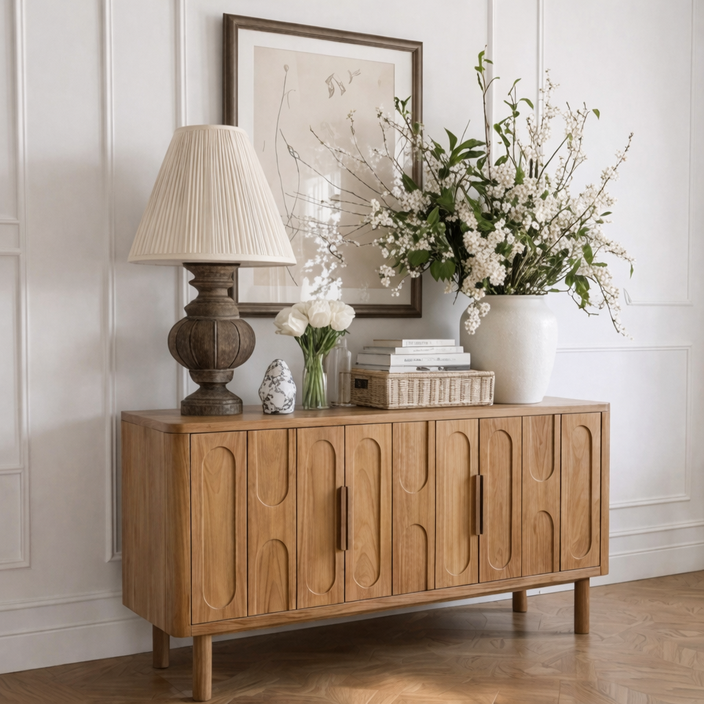 Modern Natural Wood Cabinet With Oval Detail Front For Living Room