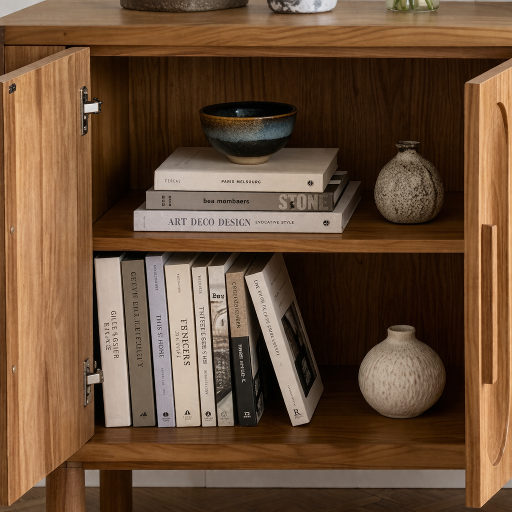 Modern Natural Wood Cabinet With Oval Detail Front For Living Room