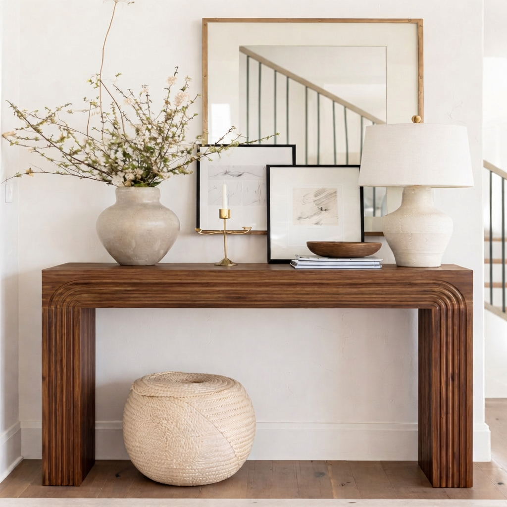 Modern Natural Wood Console Table With Clean Lines And Open Shelf For Living Room