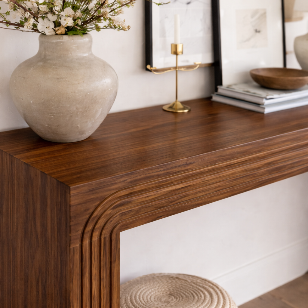Modern Natural Wood Console Table With Clean Lines And Open Shelf For Living Room