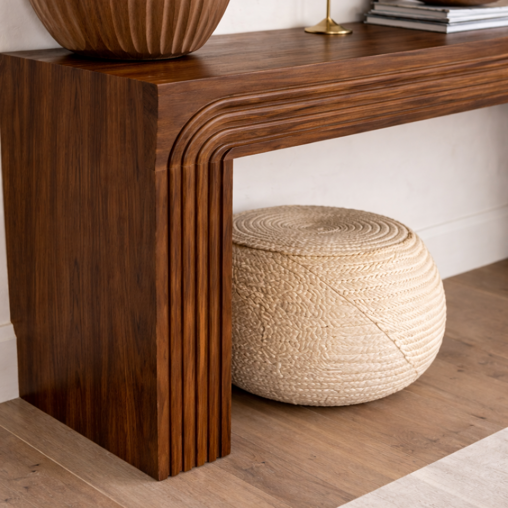 Modern Natural Wood Console Table With Clean Lines And Open Shelf For Living Room